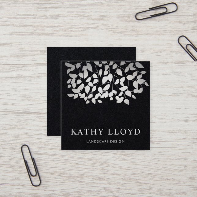 Faux Silver Leaves Landscape Designer Black Square Business Card (Front/Back In Situ)
