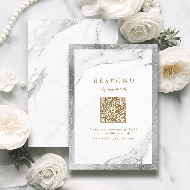 Faux silver marble luxury modern wedding QR code RSVP Card (Faux silver marble luxury modern wedding QR code RSVP Card)