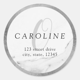 Faux silver marble monogram return address classic round sticker