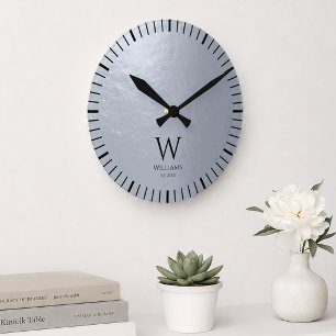 Faux Silver Metallic Grey Black Monogram and Name Round Clock