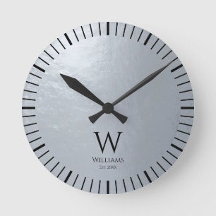 Faux Silver Metallic Grey Black Monogram and Name  Round Clock