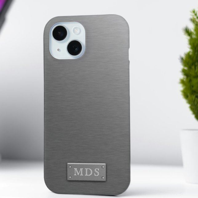 Faux Silver Monogram Titanium Grey Brushed Metal Case-Mate iPhone Case (Just add your initials)