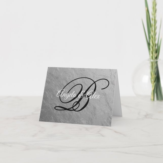 Faux Silver Nugget Foil Fancy Script Monogram Thank You Card (Front)