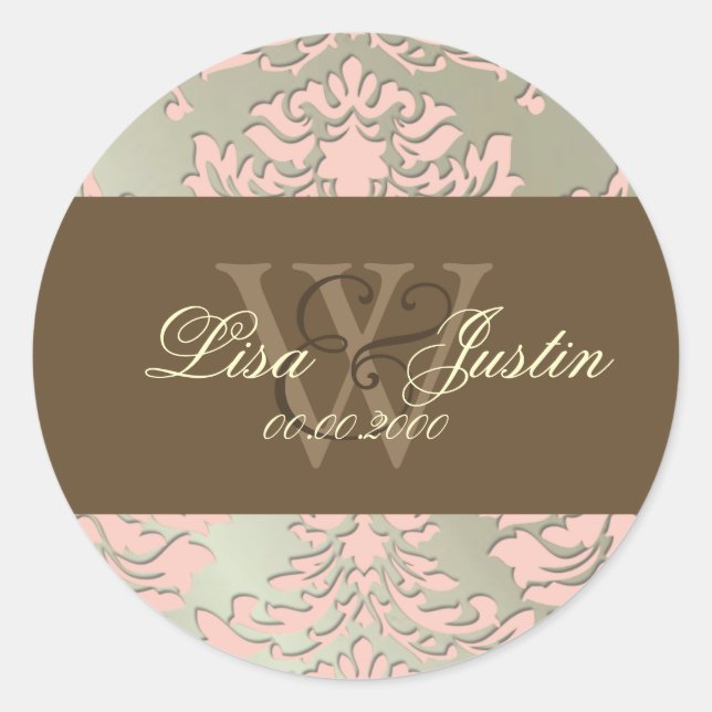 Faux silver/pink Damask monogram wedding stickers (Front)