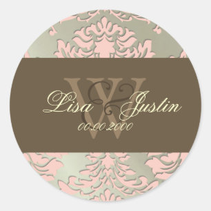 Faux silver/pink Damask monogram wedding stickers