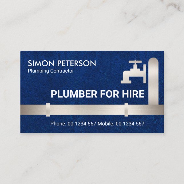 Faux Silver Pipes Faucet Blue Water Grunge Plumber Business Card (Front)