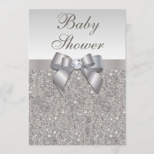 Faux Silver Sequins and Bow Neutral Baby Shower Invitation