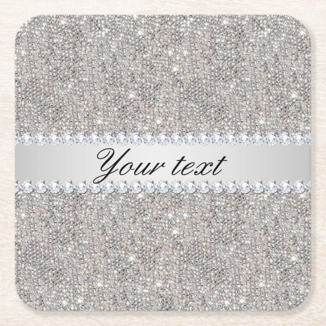 Faux Silver Sequins and Diamonds Square Paper Coaster (Front)