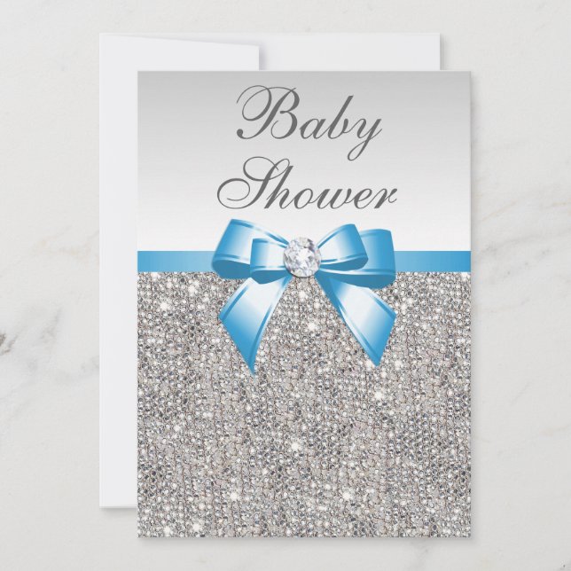 Faux Silver Sequins Blue Baby Shower Invitation (Front)