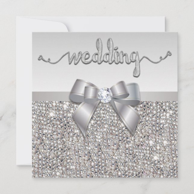 Faux Silver Sequins Bow Wedding Hearts Typography Invitation (Front)