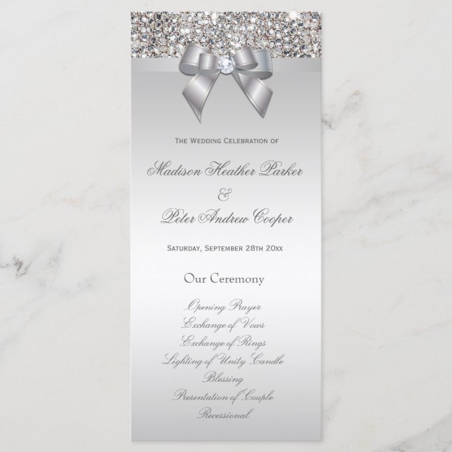 Faux Silver Sequins Bow Wedding Program Programme (Front)