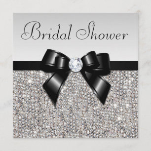 Faux Silver Sequins Chic Black Bow Bridal Shower Invitation