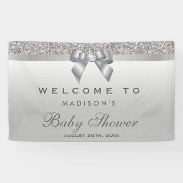 Faux Silver Sequins Diamond Bow Baby Shower Banner (Horizontal)