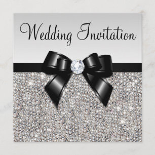 Faux Silver Sequins Diamonds Black Bow Wedding Invitation