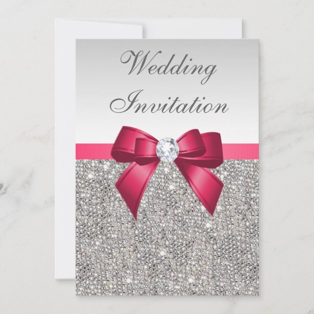 Faux Silver Sequins Diamonds & Bow Wedding Invitation (Front)
