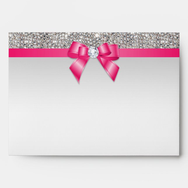 Faux Silver Sequins Diamonds Hot Pink Bow Envelopes (Front)
