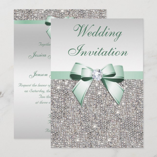 Faux Silver Sequins Diamonds Mint Bow Wedding Invitation (Front/Back)