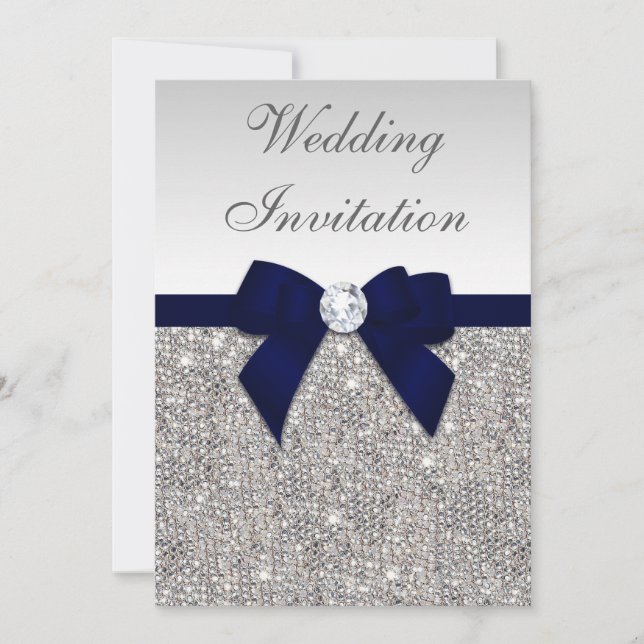 Faux Silver Sequins Diamonds Navy Bow Wedding Invitation (Front)
