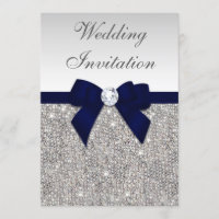 Faux Silver Sequins Diamonds Navy Bow Wedding