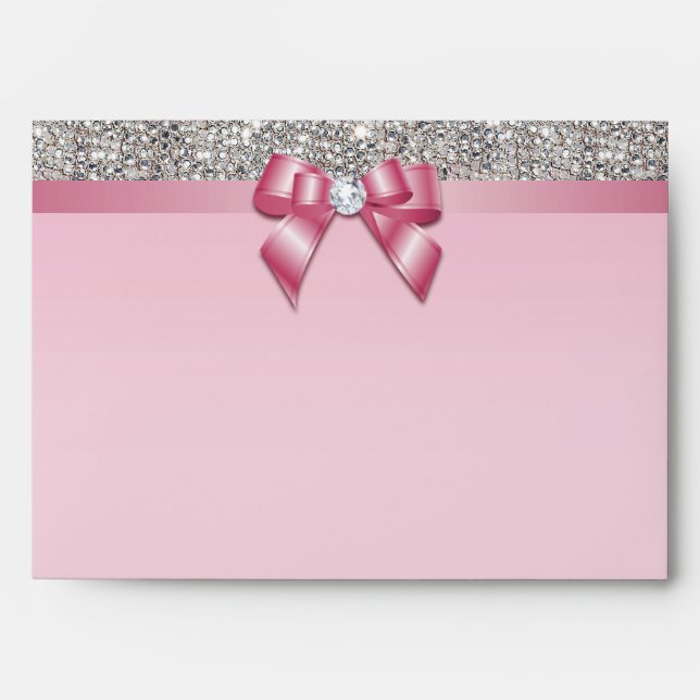 Faux Silver Sequins Diamonds Pinkl Bow Envelope (Front)