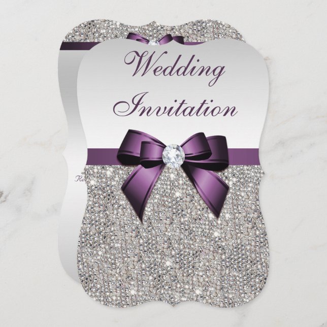 Faux Silver Sequins Diamonds Purple Bow Wedding Invitation (Front/Back)