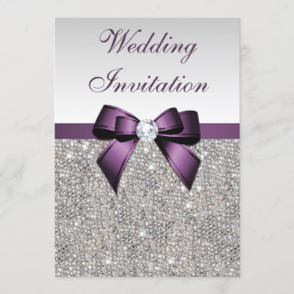 Faux Silver Sequins Diamonds Purple Bow Wedding Invitation