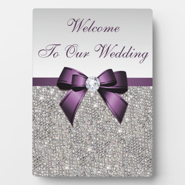 Faux Silver Sequins Diamonds Purple Bow Wedding  Plaque (Front)