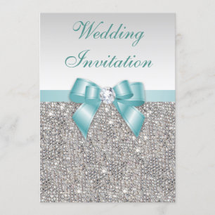 Faux Silver Sequins Diamonds Teal Bow Wedding Invitation