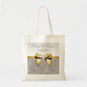 Faux Silver Sequins Gold Bow Wedding Favour Tote Bag