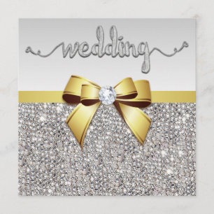 Faux Silver Sequins Gold Bow Wedding Invitation