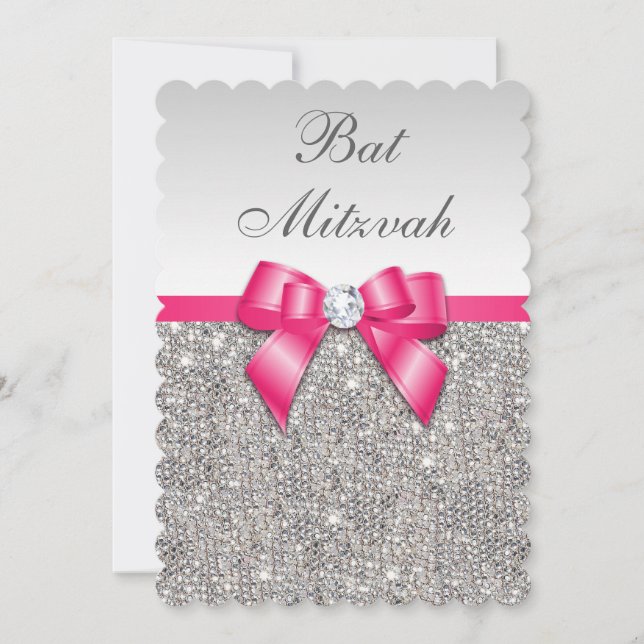Faux Silver Sequins Hot Pink Bow Bat Mitzvah Invitation (Front)