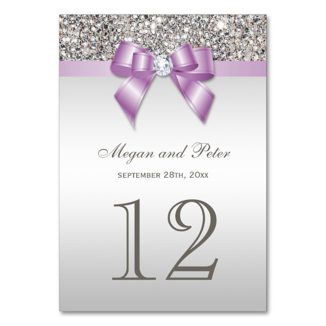 Faux Silver Sequins Lilac Bow Wedding Table Number (Front)