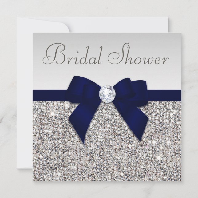 Faux Silver Sequins Navy Blue Bow Bridal Shower Invitation (Front)