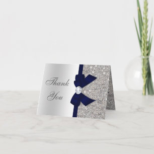 Faux Silver Sequins Navy Diamond Bow Thank You Card