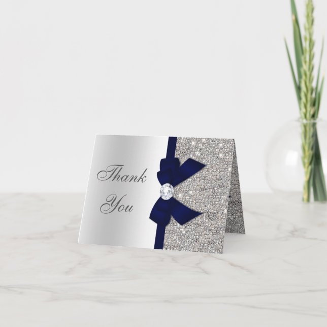 Faux Silver Sequins Navy Diamond Bow Thank You Card (Front)