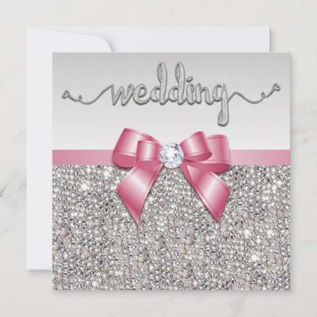 Faux Silver Sequins Pink Bow Wedding Invitation (Front)