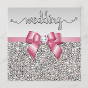 Faux Silver Sequins Pink Bow Wedding Invitation
