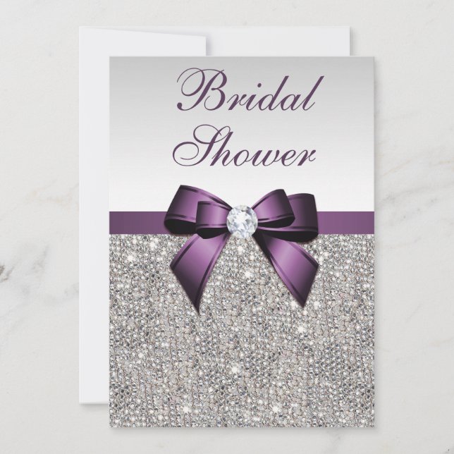 Faux Silver Sequins Purple Bow Bridal Shower Invitation (Front)