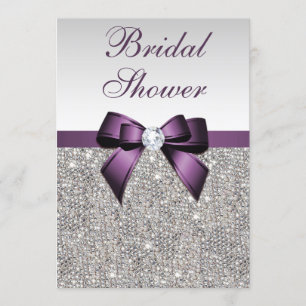 Faux Silver Sequins Purple Bow Bridal Shower Invitation