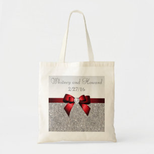 Faux Silver Sequins Red Bow Wedding Favour Tote Bag