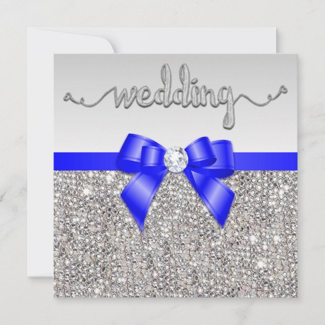 Faux Silver Sequins Royal Blue Bow Wedding Invitation (Front)