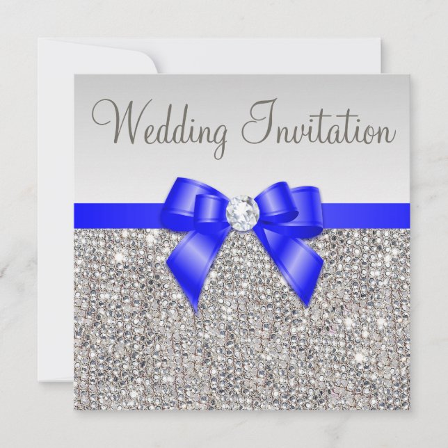 Faux Silver Sequins Royal Blue Bow Wedding Invitation (Front)