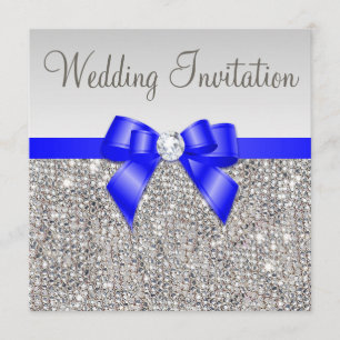 Faux Silver Sequins Royal Blue Bow Wedding Invitation