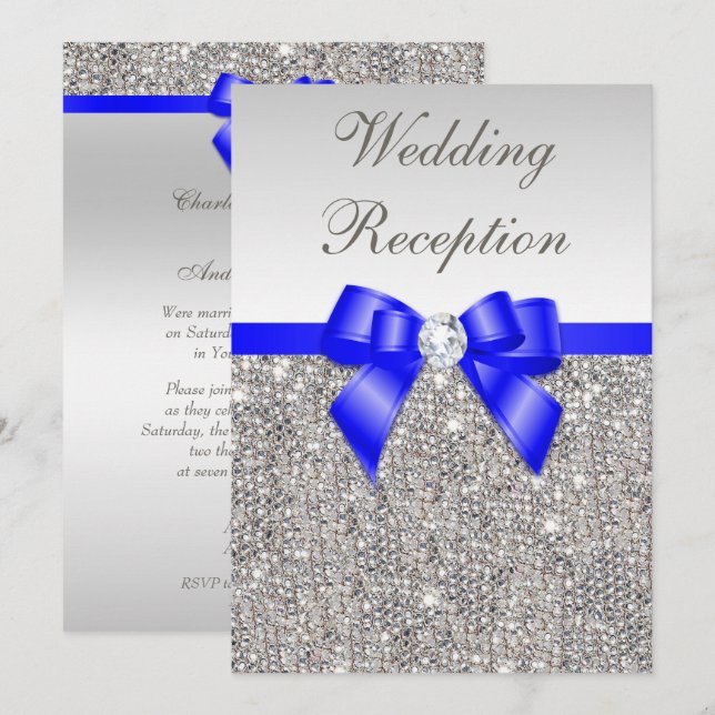 Faux Silver Sequins Royal Blue Wedding Reception Invitation (Front/Back)