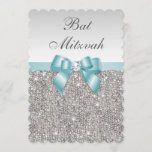 Faux Silver Sequins Teal Blue Bat Mitzvah Invitation<br><div class="desc">Elegant custom Bat Mitzvah invitations with a beautiful glittery silver printed image sequins jewels, gems pattern, cute, sophisticated shiny teal blue printed bows and ribbons and pretty digital diamonds bling jewels and dark silver grey colour text on a silver gradient background. These classy glamourous invites are decorated both sides. Beautiful,...</div>