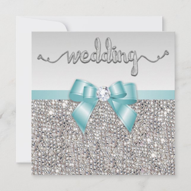 Faux Silver Sequins Teal Blue Bow Wedding Invitation (Front)