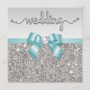 Faux Silver Sequins Teal Blue Bow Wedding Invitation