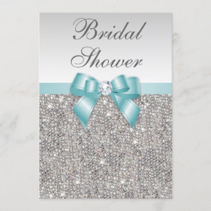 Faux Silver Sequins Teal Blue Bridal Shower Invitation