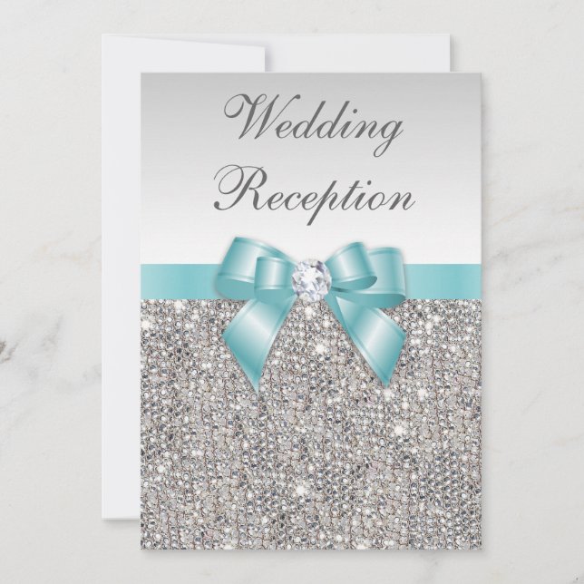 Faux Silver Sequins Teal Bow Wedding Reception Invitation (Front)