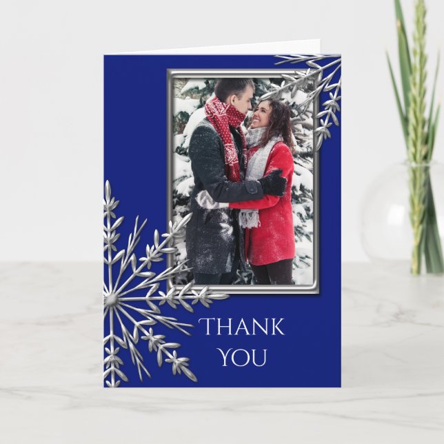 Faux Silver Snowflake on Blue Thank You Note Photo (Front)